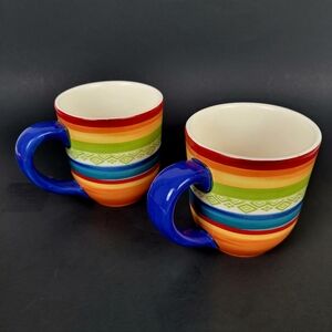 Pier 1 One Imports Coffee Mugs~Feliz Stripes~Handpainted Ironstone~Set of 2